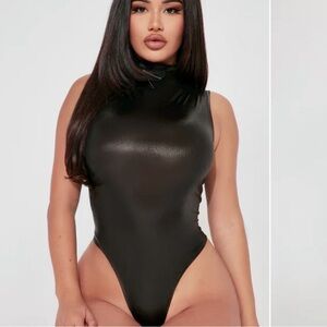 Fashion Nova Black wet look mock neck thong bodysuit size small